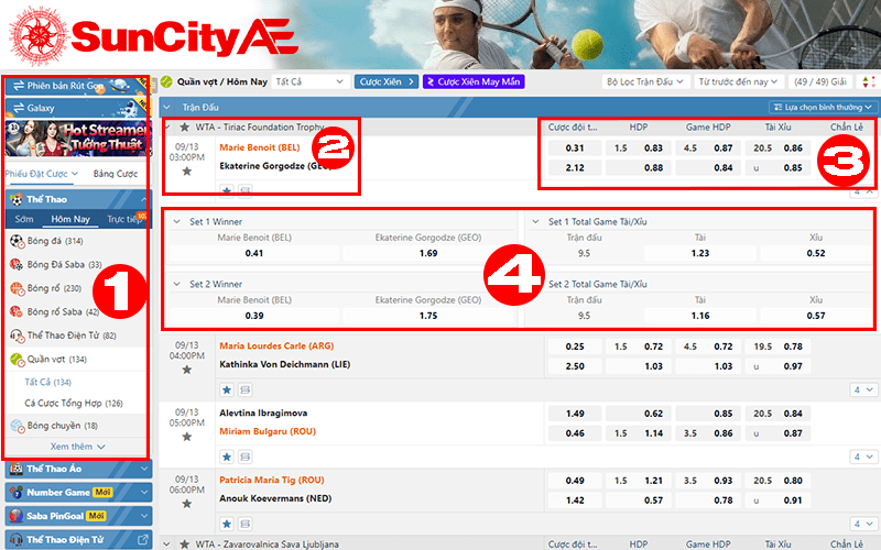 Cách xem giao diện cá cược tennis SUNCITY