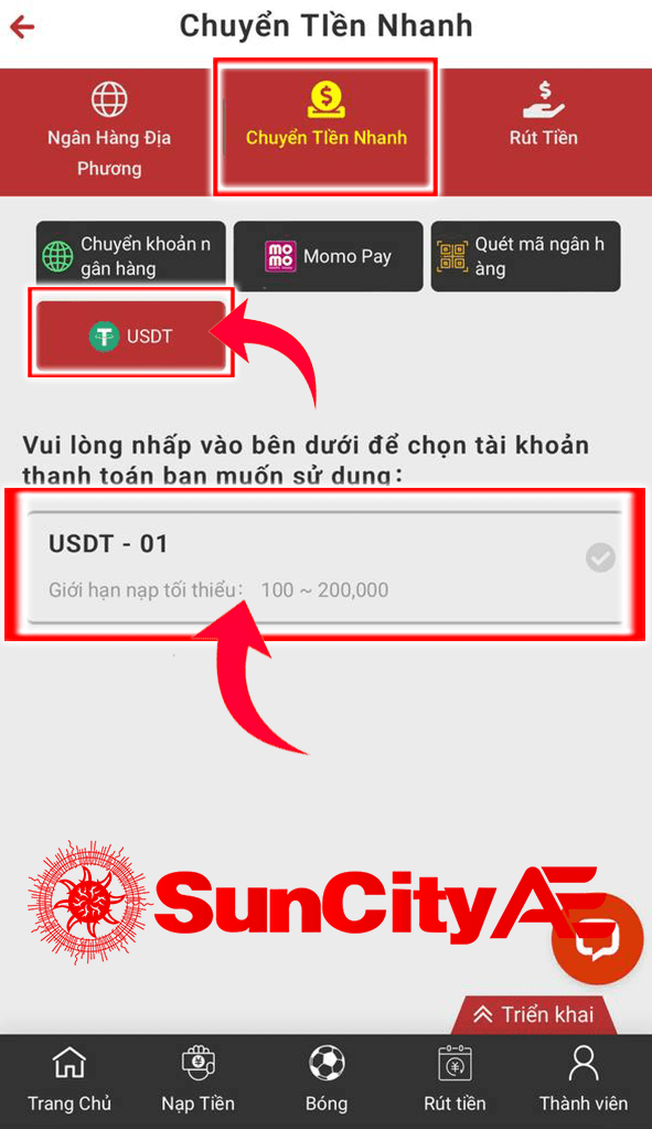 Chọn phương thức nạp tiền USDT